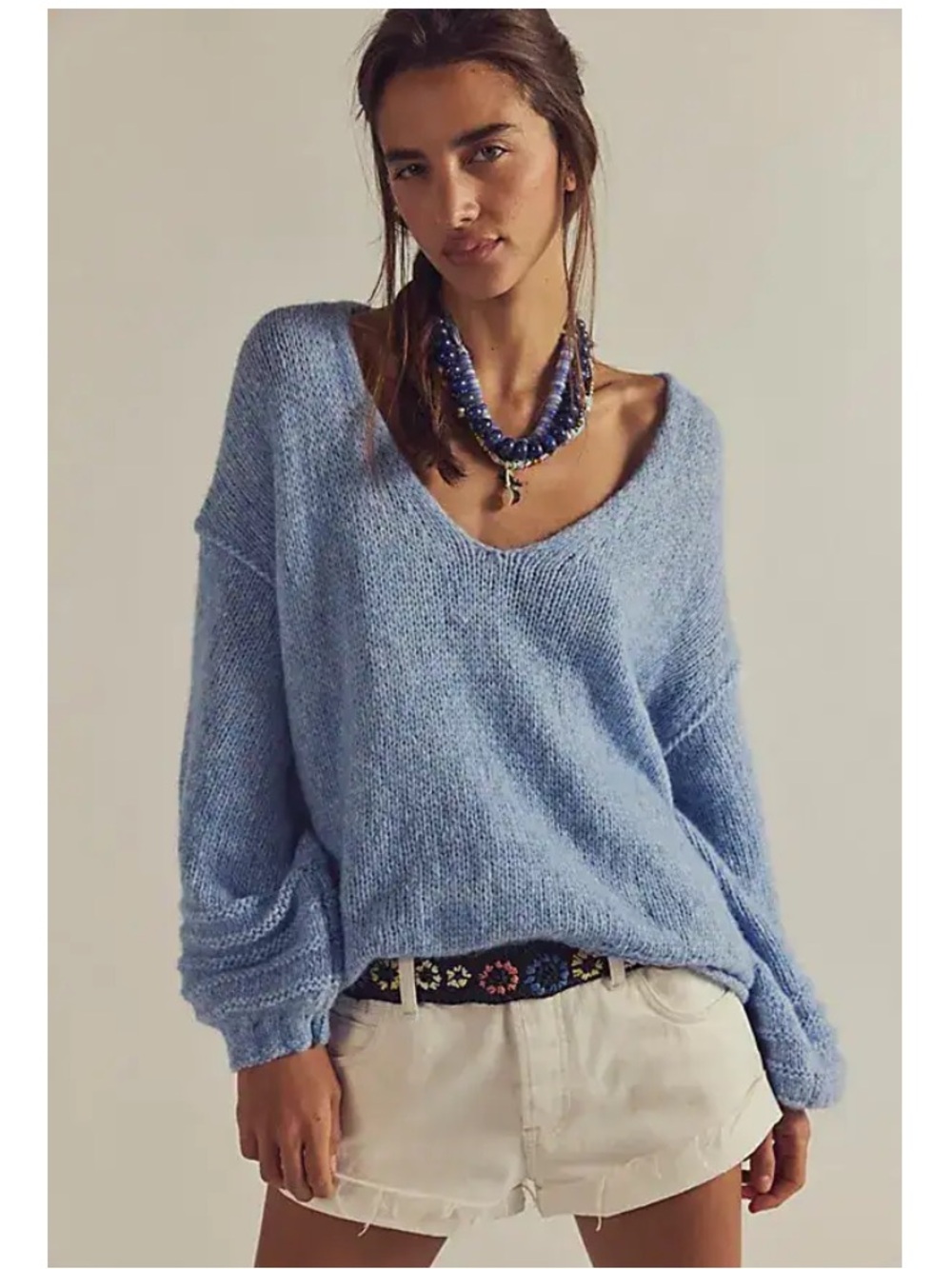 Free People Marina Alpaca Wool Blend Sweater Powder Blue Deep V-Neck Women’s XL